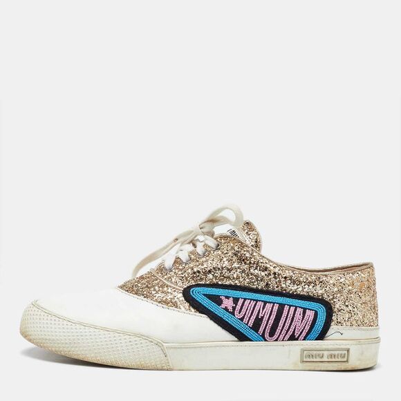 Miu Miu White/gold Leather And Glitter Low Top Sneakers Size 41